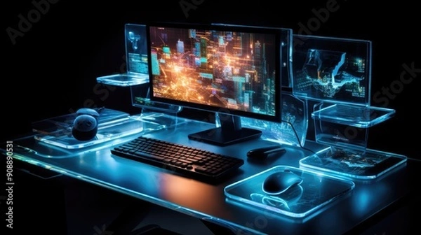 Obraz Modern office desk with a transparent computer and floating digital files