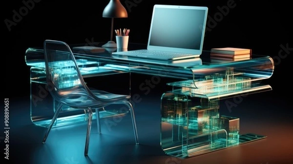 Obraz Modern office desk with a transparent computer and floating digital files