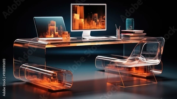 Obraz Modern office desk with a transparent computer and floating digital files