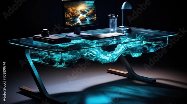 Obraz Modern office desk with a transparent computer and floating digital files