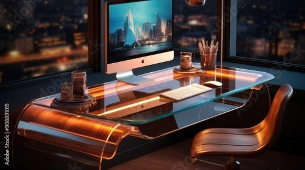 Obraz Modern office desk with a transparent computer and floating digital files