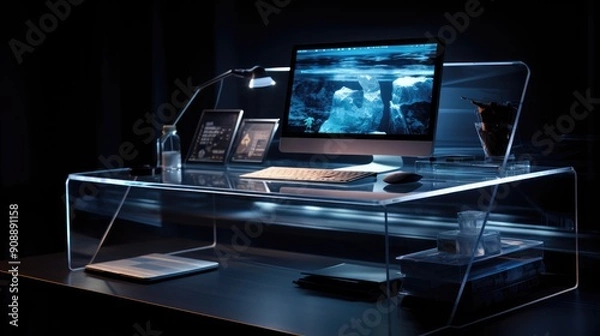 Obraz Modern office desk with a transparent computer and floating digital files