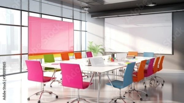 Obraz Modern office meeting room with a large whiteboard and colorful sticky notes