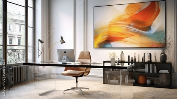 Obraz Modern workspace with glass desk and abstract art on wall