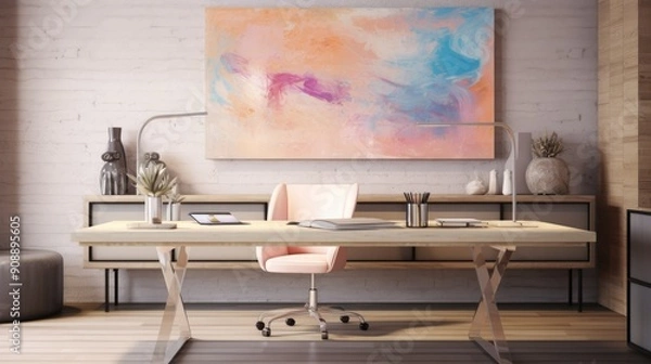 Fototapeta Modern workspace with glass desk and abstract art on wall