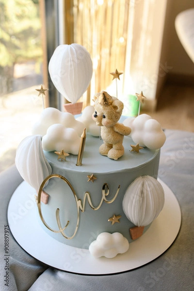 Obraz Charming First Birthday Cake with Bear and Balloon Toppers