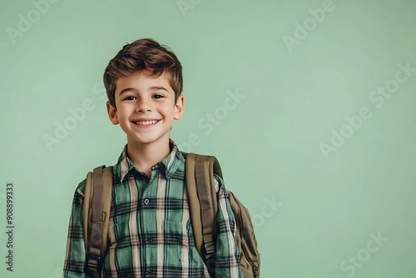 Fototapeta Smiling Student With Backpack Ready For School Against solid Background