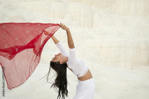 Fototapeta Dancer with red veil on white background