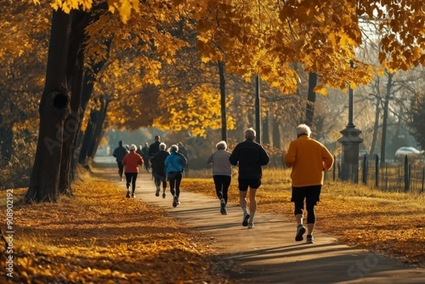 Obraz Elderly individuals jogging and walking in a park during autumn, highlighting active lifestyle and community engagement, suitable for themes of health, fitness, and socializing

