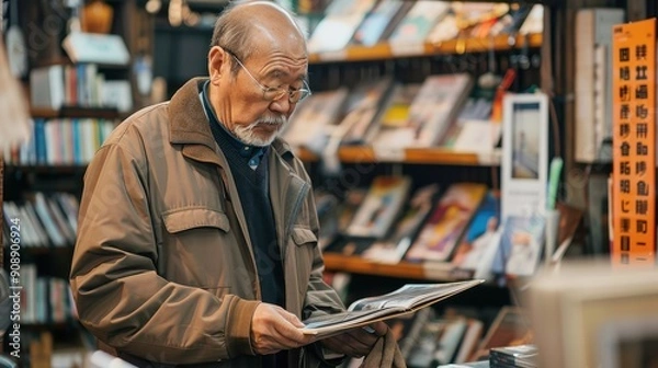 Fototapeta An elderly man examines a book while surrounded by shelves filled with various titles