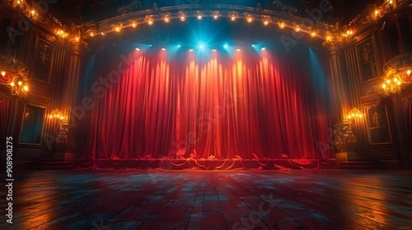 Fototapeta Theater stage background with spotlights shining on an empty stage, featuring vibrant backdrop decorations for an entertainment show