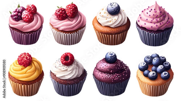 Fototapeta sets of various colorful muffin, isolated at transparent background