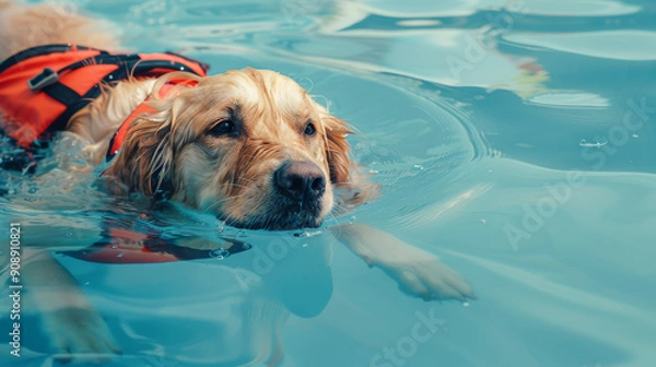 Fototapeta A golden retriever wearing an orange life jacket swims confidently in a clear blue pool, showcasing a beautiful contrast between fur and water.