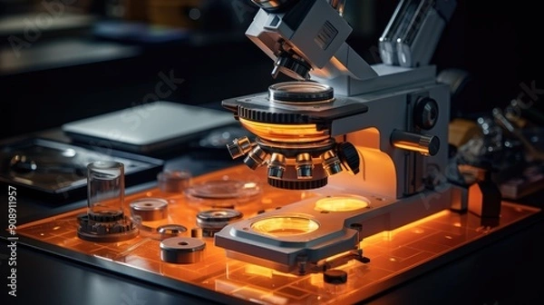 Fototapeta Lab microscope with a high-tech, illuminated slide
