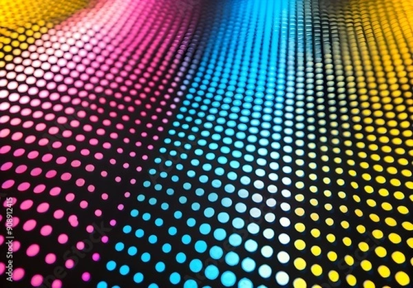 Fototapeta halftone pattern on black background, three color cmyk colors dots in vertical row, yellow pink and blue -