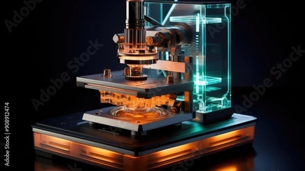 Fototapeta Lab microscope with a high-tech, illuminated slide