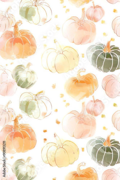 Fototapeta pastell colored pumpkins, watercolor style, fall pattern, fall background, soft colors, templates, invitations