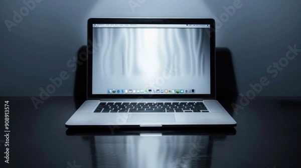 Obraz Laptop on dark polished surface with soft spotlight