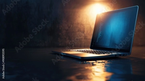 Obraz Laptop on dark polished surface with soft spotlight