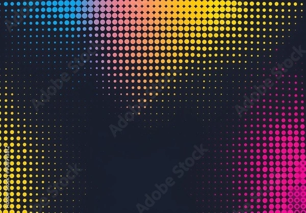 Fototapeta halftone pattern on black background, three color cmyk colors dots in vertical row, yellow pink and blue -