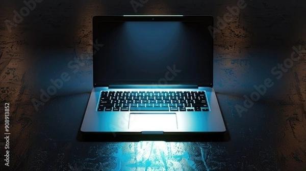 Obraz Laptop on dark polished surface with soft spotlight