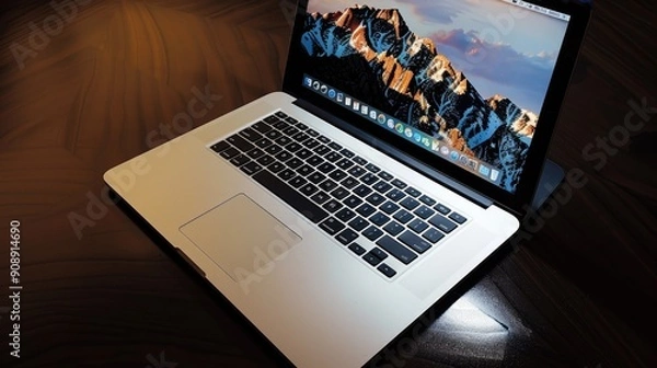 Obraz Laptop on dark polished surface with soft spotlight