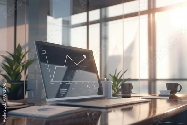 Fototapeta A sleek office setup features a computer displaying growth charts, surrounded by plants and cups, illuminated by soft morning sunlight. Generative AI