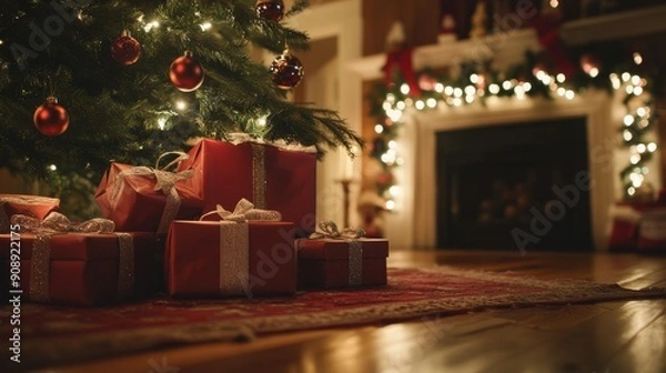 Obraz Cinematic low angle shot of presents stacked under a Christmas tree, illuminated by soft natural light