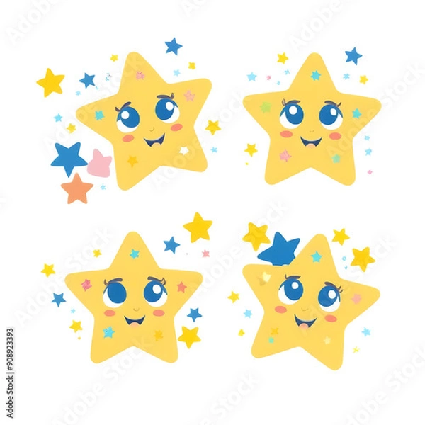 Fototapeta Cute yellow star characters with big eyes and colorful expressions 7