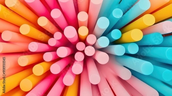 Fototapeta A vibrant array of colorful rods arranged in a circular pattern, showcasing bright hues of pink, blue, and orange.