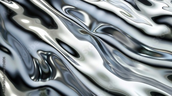 Fototapeta A dynamic, shiny silver surface displays intricate reflective patterns, capturing light in a captivating, fluid motion