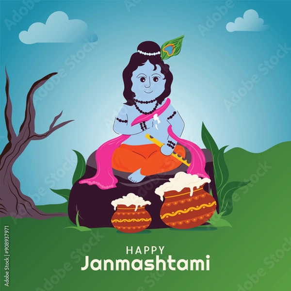 Fototapeta Krishna Janmashtami Celebration Post With Lord Krishna  Vector Illustration
