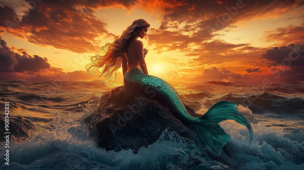 Fototapeta A regal 3D mermaid with shimmering scales and long flowing hair, sitting on a rock amidst crashing ocean waves with a dramatic sunset, the mood is majestic and mythical with a sense of oceanic