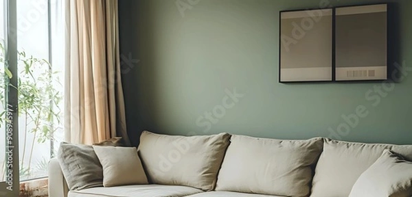 Fototapeta Waiting Room with a Casual Yet Stylish Modern Minimalist Aesthetic: L-Shaped Sofa, Ottoman, Large Window, Natural Light. wide view