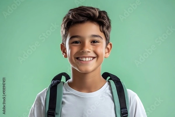 Fototapeta Smiling Student With Backpack Ready For School 