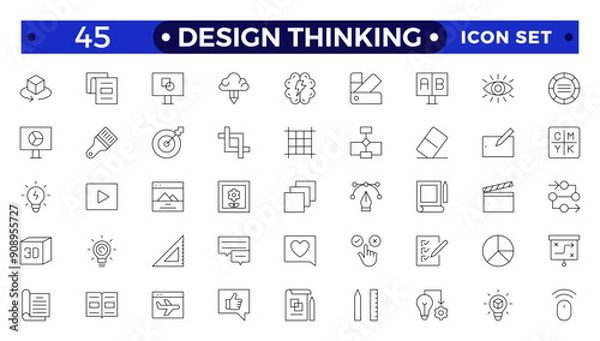 Fototapeta Set of design thinking icons. Line art style icons bundle. Minimalist thin linear web icon set.