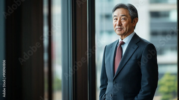 Fototapeta Japanese executive in a suit standing by a window