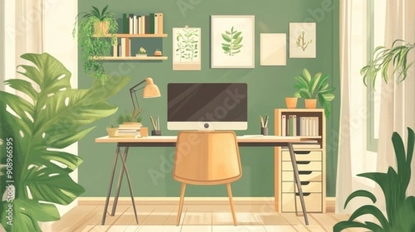 Fototapeta A modern home office with a desk, computer, chair, and shelves. The room is decorated with plants and has natural light. The image symbolizes productivity, creativity, and a healthy work-life balance.