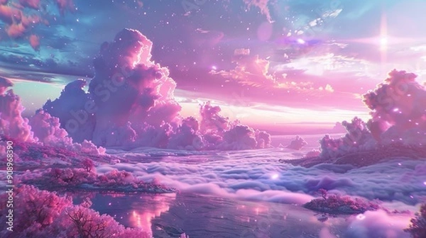 Fototapeta A picturesque scene showcasing pink clouds floating over a misty landscape at twilight, creating a magical and serene ambiance reminiscent of a dreamlike world.