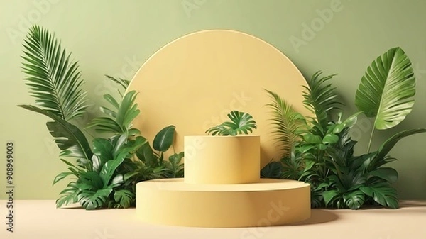 Fototapeta 3D podium showcased on a light yellow background with shadows in green tropical leaves of plants