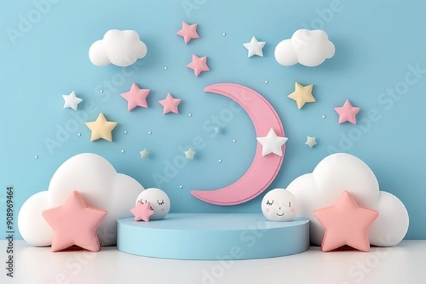 Fototapeta Charming 3D Render Captures a Playful Night Sky with Stars, Clouds, and Smiling Moon