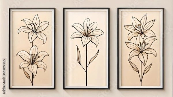 Fototapeta Set of three vertical poster,  minimalist lily one line art