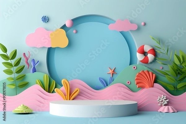 Fototapeta Whimsical 3D Podium Surrounded by Colorful Ocean Elements and Nature