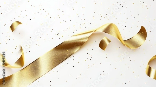Fototapeta A curly gold ribbon for Christmas and birthday present banner isolated against a white background. beautiful holiday banner