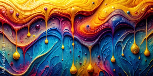 Fototapeta Vivid colors are blending and dripping down in an abstract design, creating a mesmerizing effect. The combination of warm and cool tones gives a dynamic and vibrant feel.AI generated.