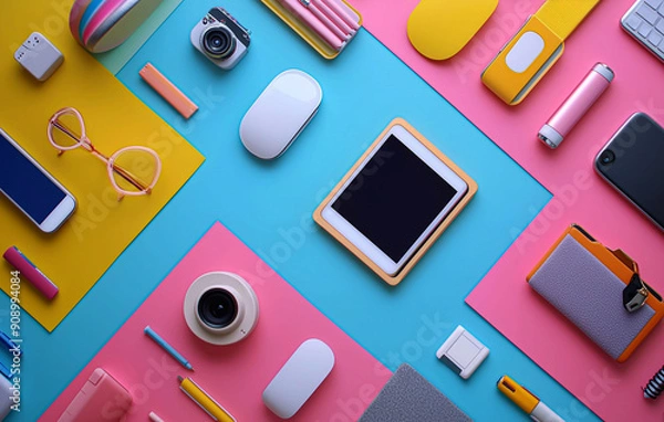 Fototapeta A collection of colorful tech gadgets