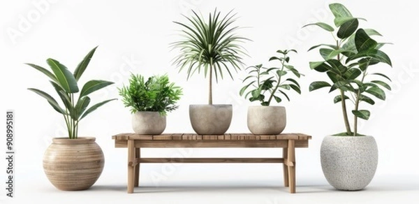 Fototapeta Indoor Plants Arranged on Wooden Table With Natural Textures in Modern Decor
