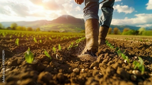 Fototapeta Farmer sowing wheat seeds in a field under a bright sky, with green fields and a picturesque mountain peak in the background