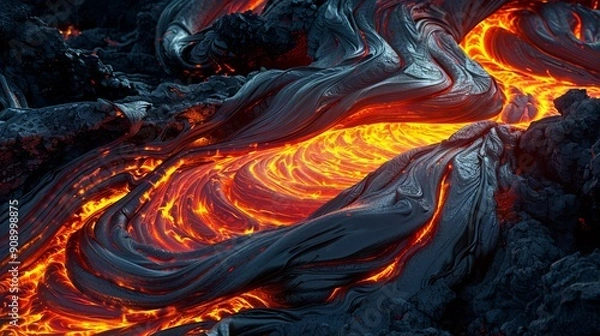 Fototapeta This image showcases a close-up of molten lava in motion, highlighting its smooth texture, fluid patterns, and the mesmerizing dance of light and dark, illustrating fiery fluidity.