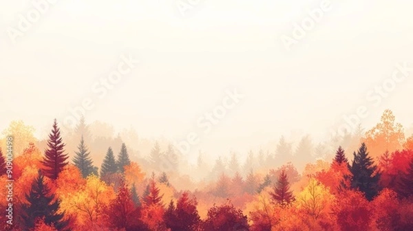 Obraz Hazy Autumn Forest with Vibrant Red and Orange Leaves